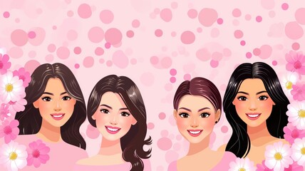 Four smiling women with pink bokeh and flowers