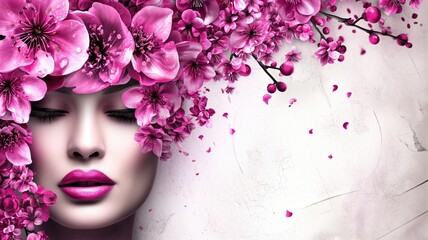 Woman's face with pink flowers overlay