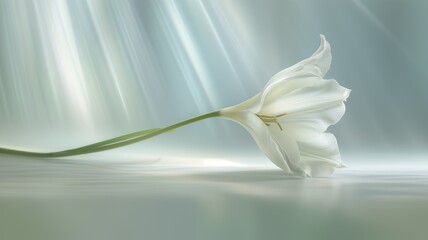 A single white lily with a soft light radiating elegance and tranquility