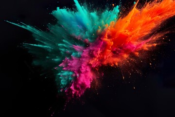 An effusive explosion of colored powder on a black background creating a vibrant and dynamic spectacle. Particles of all colors disperse in the air in an ephemeral visual chaos. - obrazy, fototapety, plakaty