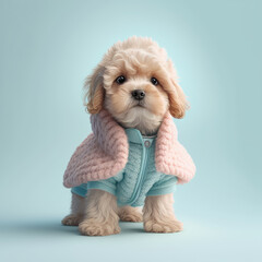 Dog poodle outfit portrait. Poodle bichon puppy wearing winter knitted cardigan and blazer in pastel background. Generative ai.
