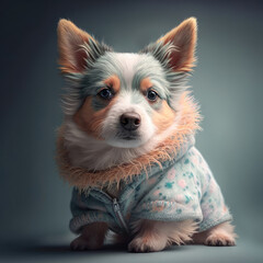 Dog chihuahua portrait winter outfit. Chihuahua puppy breed wearing jacket and cardigan fashionable outfit for winter season photo shoot. Generative ai.
