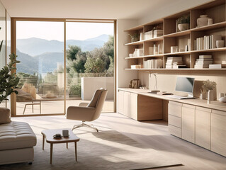 A modern home office featuring stylish and minimalist furniture with a clean and organized look.