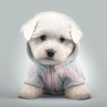 Dog maltese portrait winter outfit. Maltese bichon puppy in white fur grooming wearing cardigan and jacket for winter season in pastel color background. Generative ai.
