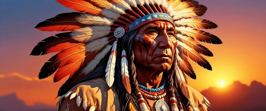 Native American Indian Chief at Sunset: Majestic Portrait of Tribal Leader Against Dramatic Sky - Symbolizing Tradition, Wisdom, and Cultural Heritage in Stunning Digital Banner Graphics Vector Art