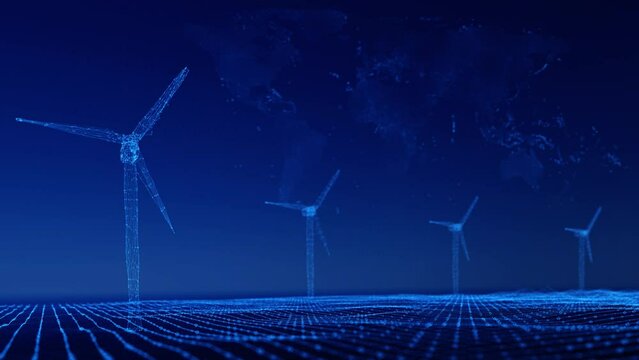 an abstract 3D motion graphic of a wind farm at sea, with wind turbines distributed across the ocean. The background of the image features an abstract world map with out-of-focus points.	