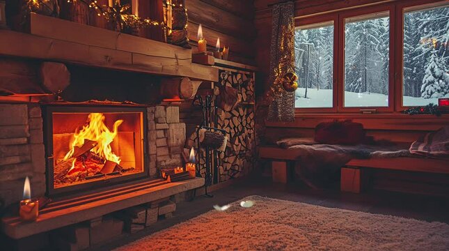 Interior of a cozy cabin at night, with a lit fireplace and a beautiful view winter, Seamless looping 4k time-lapse virtual video animation background. Generated AI