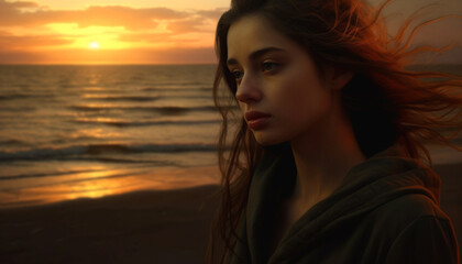 Fototapeta premium Young woman with brown hair looking at camera outdoors generated by AI