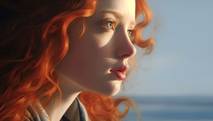 Young adult female with red hair looking away in nature generated by AI