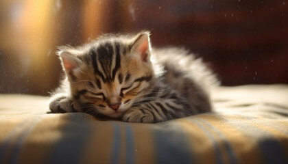 Cute kitten sleeping, striped fur, staring with curious eyes generated by AI