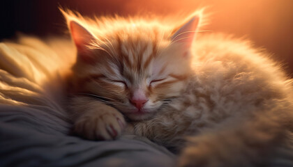 Cute kitten sleeping, fur softness, striped, staring at sun generated by AI