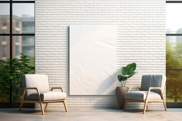 Blank frame for poster mockup attached to the wall. Complete whiteboard wall template for graphic art. Front view of blank frame concept.