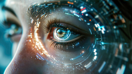 Futuristic females bionic eye close up shot. Data is reflected on the retina, data science communication future technology concept - obrazy, fototapety, plakaty