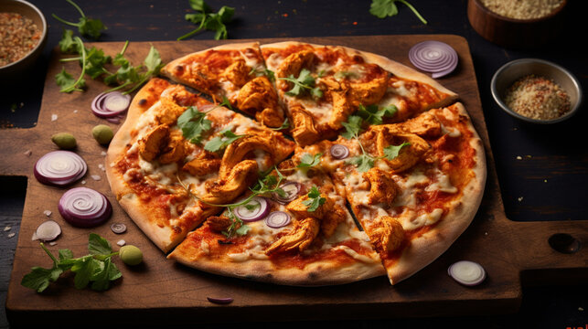 A tantalizing chicken tikka masala pizza featuring a crispy crust topped with creamy tomato-based sauce, tender chunks of marinated chicken, and aromatic Indian spices for a fusion of flavors.