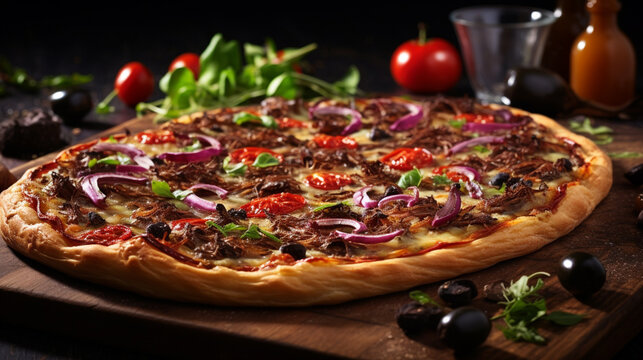 A savory French pissaladi&egrave;re pizza, boasting a golden crust topped with caramelized onions, anchovies, olives, and aromatic herbs, offering a delightful Mediterranean-inspired flavor.