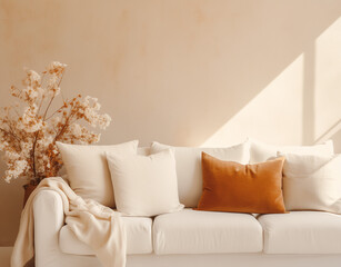 white sofa and wooden table in living room, in the style of light orange and dark beige, mockup