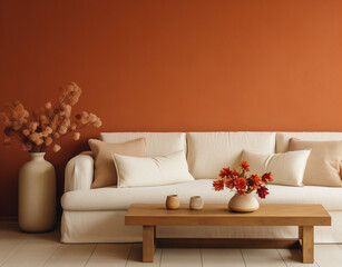 white sofa and wooden table in living room, in the style of light orange and dark beige, mockup