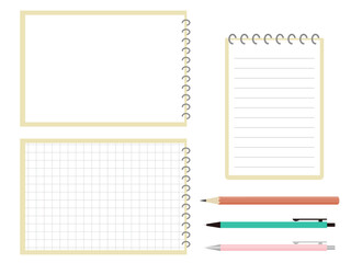 シンプルなメモ帳と鉛筆とペン　リング式ノートのフレーム - obrazy, fototapety, plakaty