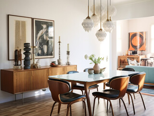 An elegant dining room featuring a diverse blend of vintage and modern elements.