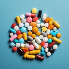 Vibrant Medicine Tablets: Antibiotic Pills on Soft Blue Background