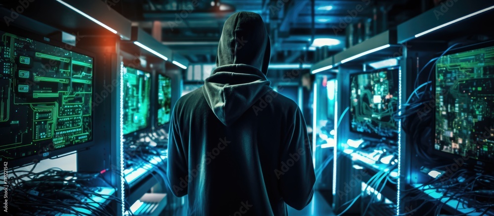 Aufkleber hacker observing network devices at data center.