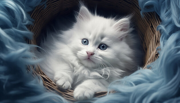 Cute kitten with blue eyes, fluffy fur, playful and charming generated by AI