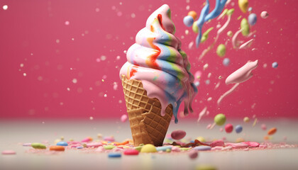Colorful ice cream cone falling on abstract background, summer celebration generated by AI