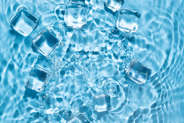 Blue water wave and ice cubes background.