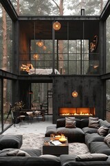 Glass house in the woods with a huge fireplace and modern materials