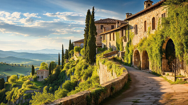 idyllic Tuscany landscape with vineyards and a manor house