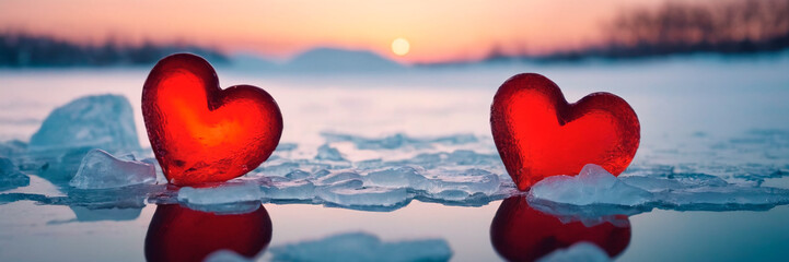 Fototapeta premium Red heart on ice cubes. Valentines day background. Love concept.