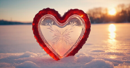 Red heart on ice cubes. Valentines day background. Love concept. - obrazy, fototapety, plakaty