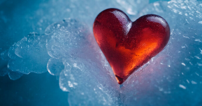 Red heart on ice cubes. Valentines day background. Love concept.