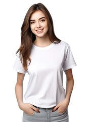 Fototapeta premium Smiling woman on a white background wearing a white T-shirt