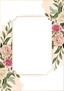 Pink and white modern wreath background invitation frame with flora and flower. Watercolor art flower and botanical leaves with organic shapes background for banner, poster, web and card
