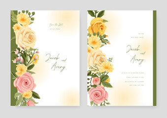 Yellow and pink rose artistic wedding invitation card template set with flower decorations. Watercolor wedding invitation template with arrangement flower and leaves