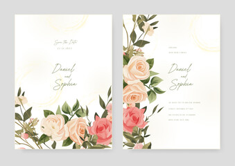 Beige and pink rose elegant wedding invitation card template with watercolor floral and leaves. Watercolor wedding invitation template with arrangement flower and leaves