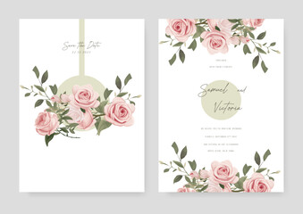 Pink rose vector elegant watercolor wedding invitation floral design. Watercolor wedding invitation template with arrangement flower and leaves