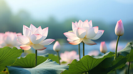 Obraz premium 光を浴びる満開のハスの花、水辺の自然風景