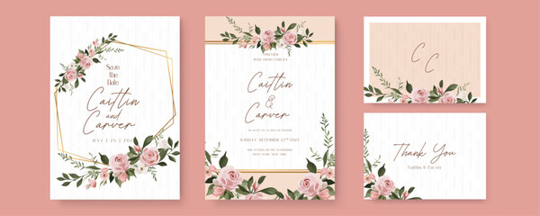 Pink rose modern wedding invitation template with floral and flower. Watercolor wedding invitation template with arrangement flower and leaves