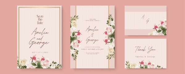 Pink and beige rose wedding invitation card template with flower and floral watercolor texture vector. Watercolor wedding invitation template with arrangement flower and leaves