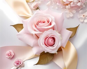 パステル可愛いピンクバラの花とリボン
