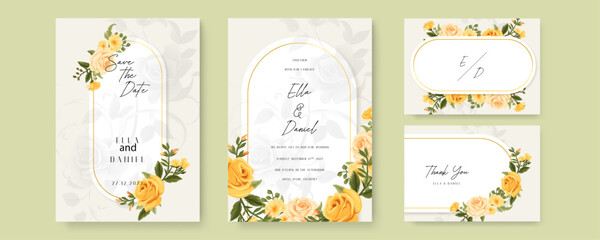 Yellow rose wedding invitation card template with flower and floral watercolor texture vector. Watercolor wedding invitation template with arrangement flower and leaves