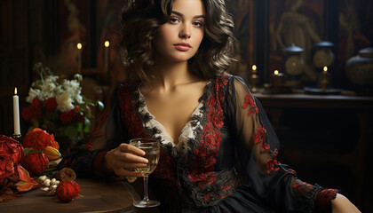 Young woman sitting at table, drinking wine generated by AI