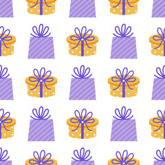 Gift boxes seamless vector pattern. Gold and purple presents with ribbon, bow. Holiday containers packed in paper with stripes, polka dots. Surprise for birthday, funny party. Flat cartoon background