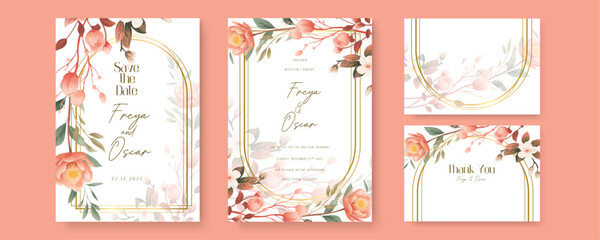 Peach peony floral wedding invitation card template set with flowers frame decoration. Watercolor wedding invitation template with arrangement flower and leaves