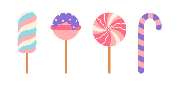 Sweets vector set. Round spiral lollipop, candy with icing and sprinkles, striped treat, marshmallow on a stick. Colorful sweet caramel for kids. Sugar swirl. Flat cartoon clipart for posters, print