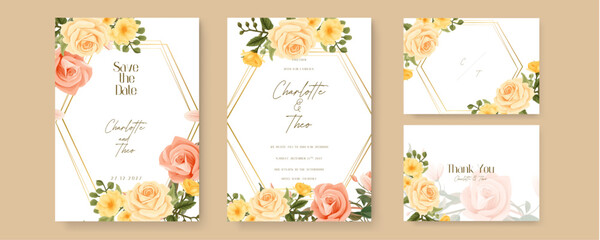 Fototapeta na wymiar Yellow and peach rose wedding invitation card template with flower and floral watercolor texture vector. Watercolor wedding invitation template with arrangement flower and leaves