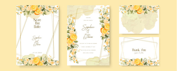 Fototapeta premium Yellow rose and lemon beautiful wedding invitation card template set with flowers and floral. Watercolor wedding invitation template with arrangement flower and leaves