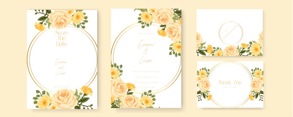 Yellow rose vector wedding invitation card set template with flowers and leaves watercolor. Watercolor wedding invitation template with arrangement flower and leaves